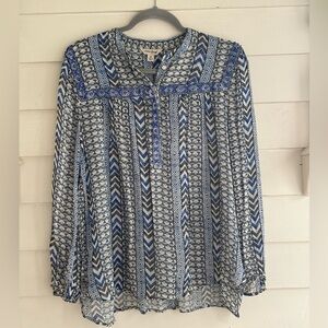 Lucky Brand Mixed Print Blue Beaded Peasant Boho Top Women’s Size Medium